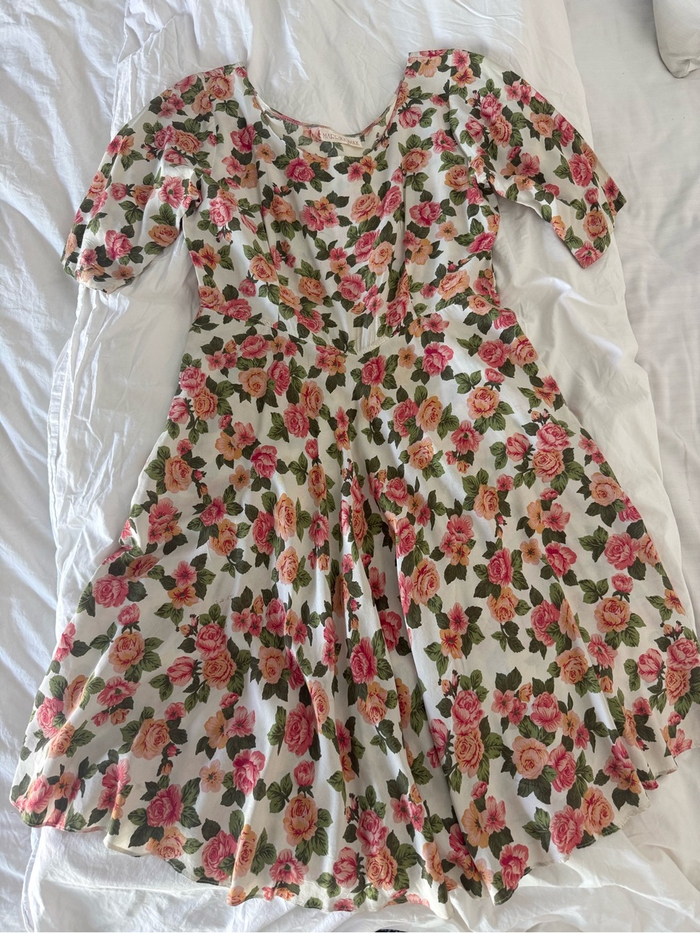 Vintage Polka Dots and Moonbeams Midi Dress in White with Pink & Peach Roses